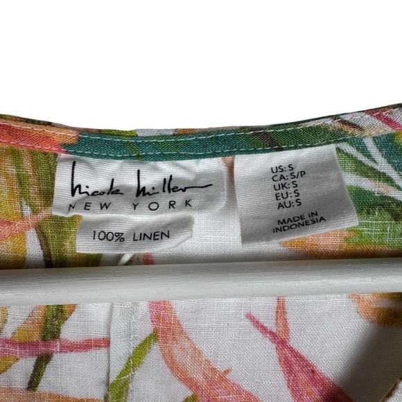 Nicole Miller Linen Dress Tropical Ruffle Sleeve Size Small V-neck - Picture 3 of 5